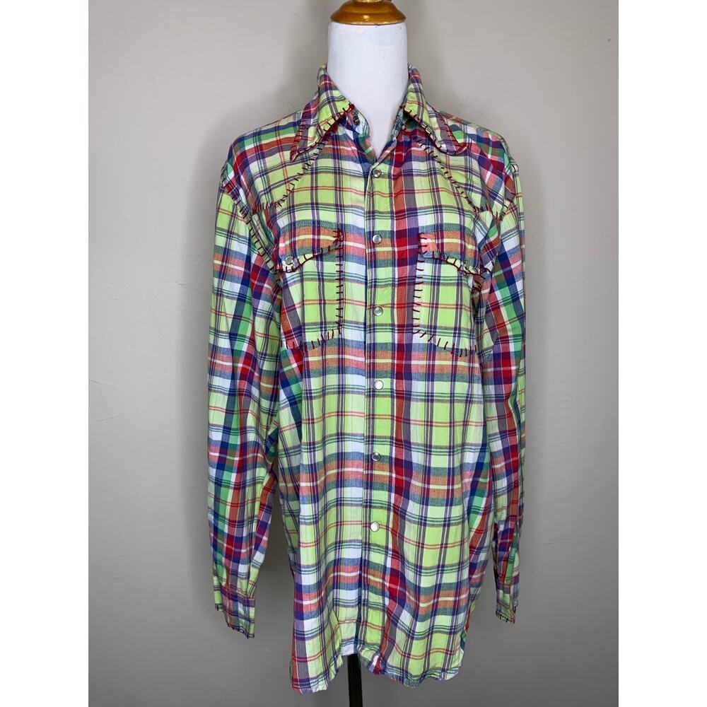 Martini Ranch Bright Plaid Whipstitch Snap Front Shirt Sz Medium